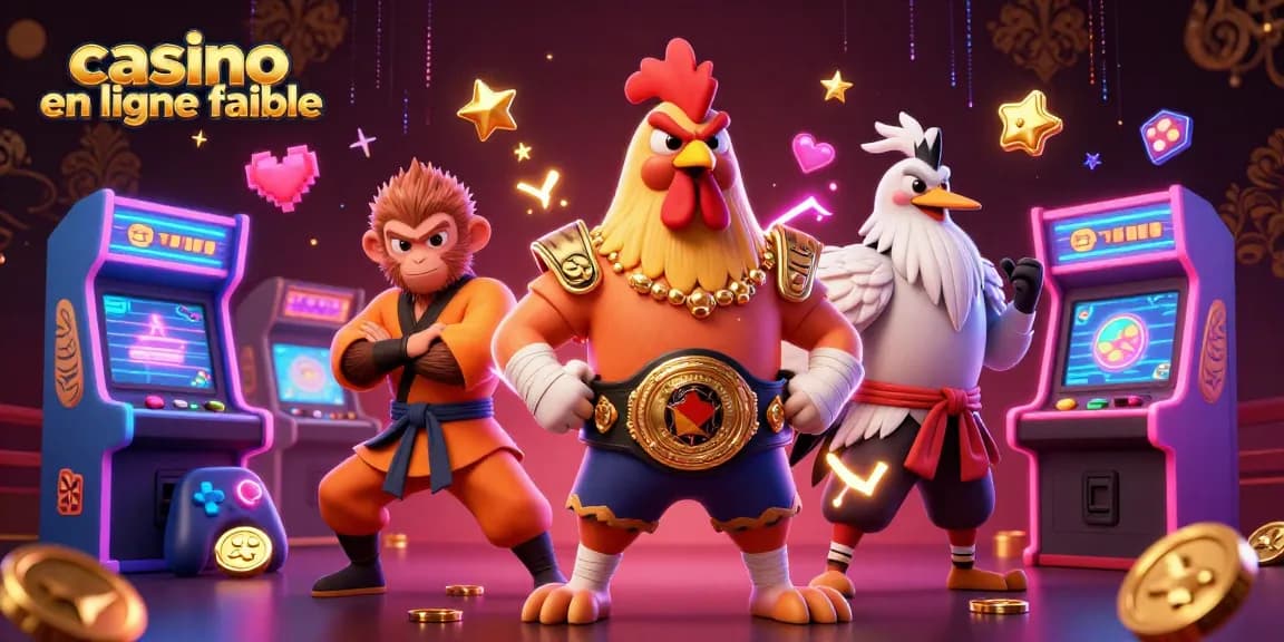 Illustration d'un casino en ligne fiable avec un coq Muay Thai, un singe Shaolin et une grue.