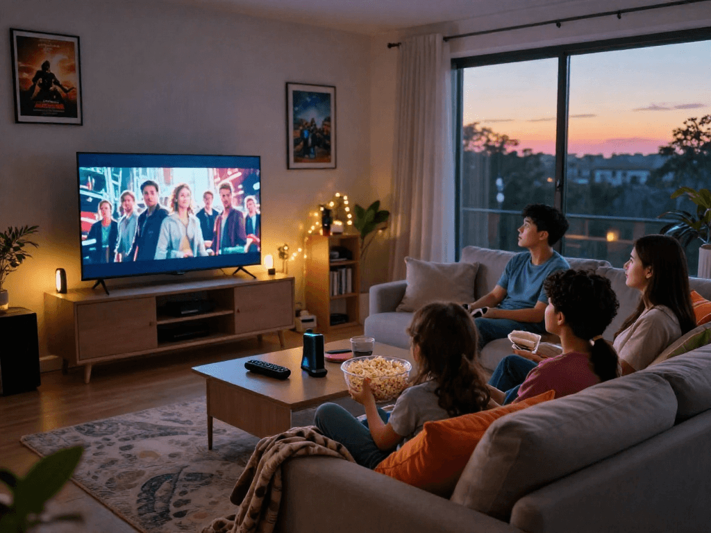 Family enjoying a cozy movie night with Moviebox on a large TV screen.