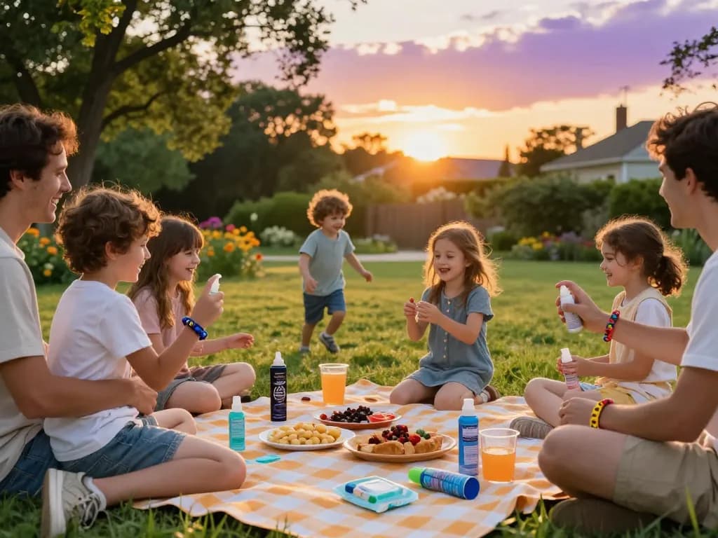 Family enjoying a summer picnic while using effective mosquito repellent products in a lush backyard.