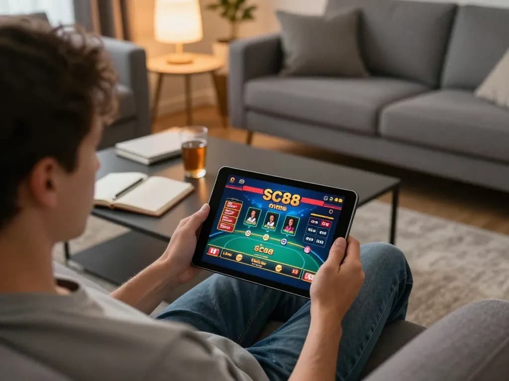 Player using SC88 online casino app on tablet in cozy home setting, showing engaging poker gameplay.