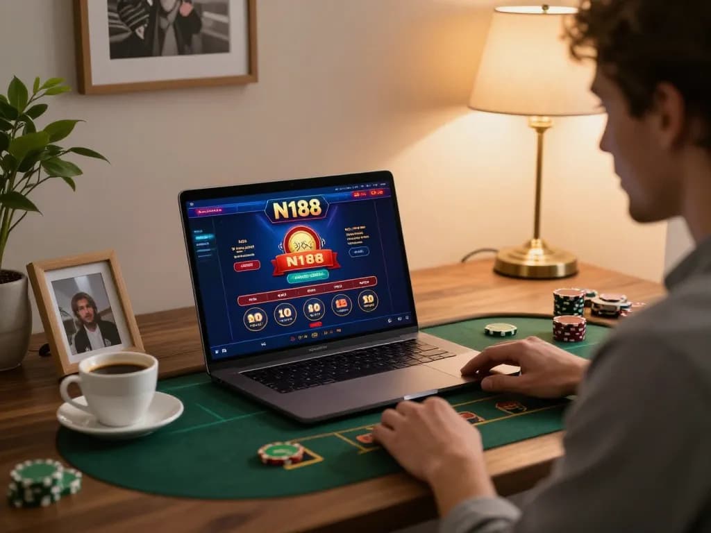 Engaging with https://n188.build/ casino interface at cozy home setup, showing strategic online gambling.