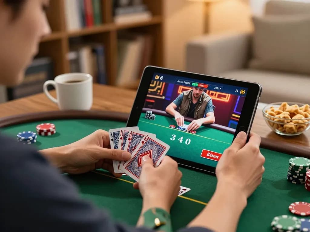 Player enjoying a poker game on uu88 mobile app in a cozy home setting with snacks.