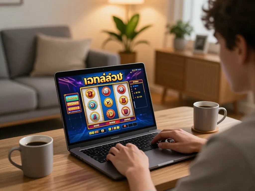 Player engaging with เว็บสล็อต on laptop in modern living room, showcasing vibrant slot graphics.