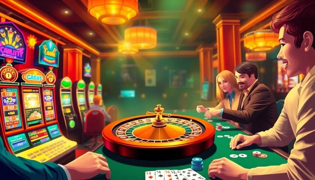 Experience excitement at okfun.com with players enjoying classic casino games like poker and roulette under vibrant lights.