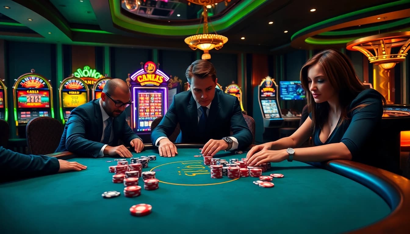 Professional players engage at a poker table in a vibrant casino setting, incorporating https://journal.unj.ac.id/ elements to enhance excitement.