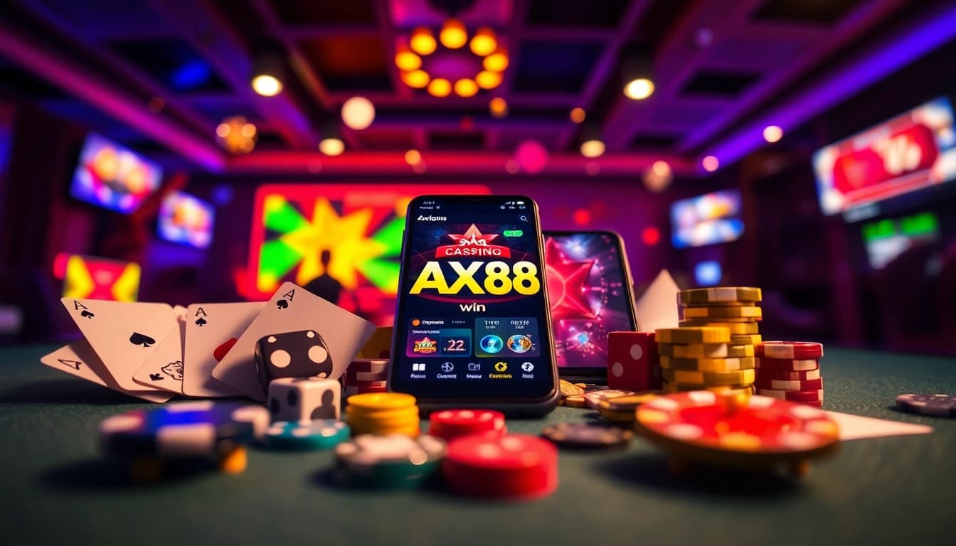 Trải nghiệm cảm giác hồi hộp khi thắng AX88 với cảnh casino kỹ thuật số sống động trên smartphone.