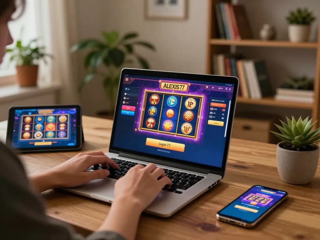 Engaging in Alexis77 login while enjoying online slots in a cozy home setup with vibrant screen displays.