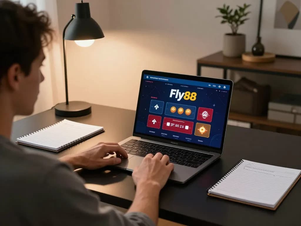 Player engaging in fly88 online poker gameplay at home, featuring laptop with gaming interface and strategic notes.