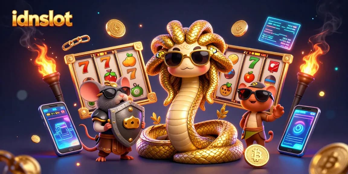 Experience thrilling gameplay with idnslot featuring Medusa and a warrior mouse in a vibrant casino scene.
