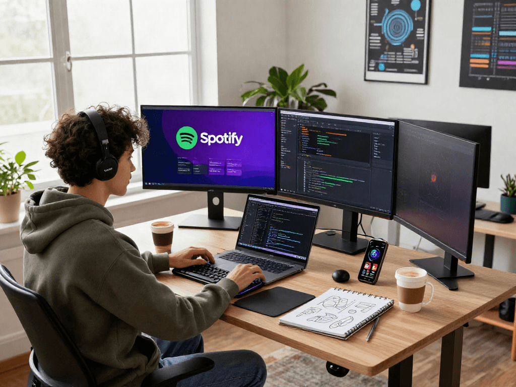 Explore the innovative Spotify mod interface in a vibrant tech workspace.