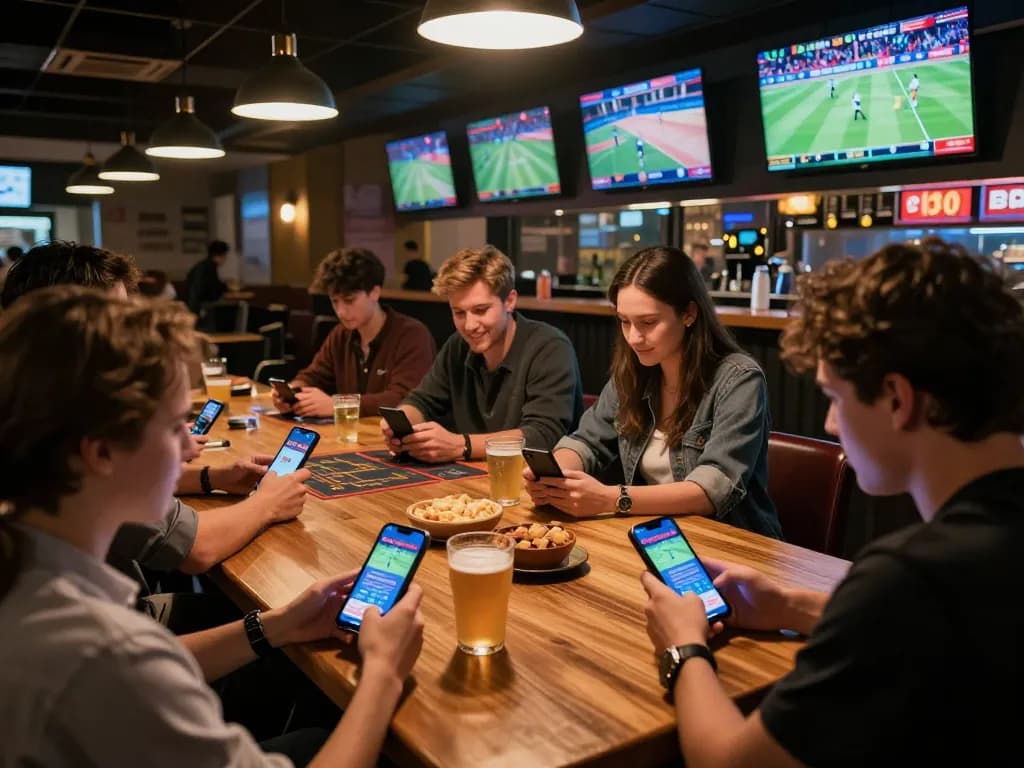 Friends celebrating sports betting with winstrike69 app at lively bar setting.