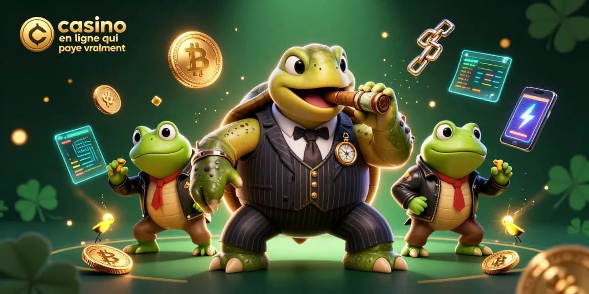 Illustration 3D d'un casino en ligne qui paye vraiment, avec une tortue mobster et ses enforeurs.