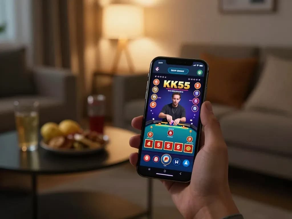 Engaging with KK55 mobile app during a live dealer game, displaying focused gaming strategy in a cozy home