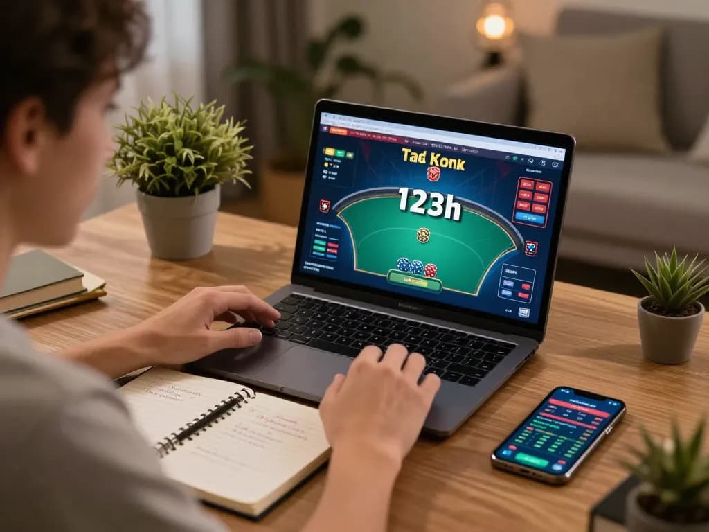 Person strategizing during online poker game at home using 123b casino platform.