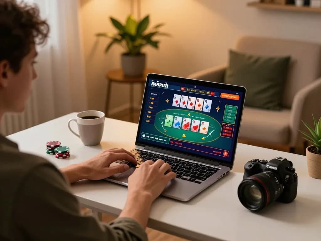 Player engaging in an online poker game at 888top on a laptop, showcasing a cozy gaming setup with stylish decor.
