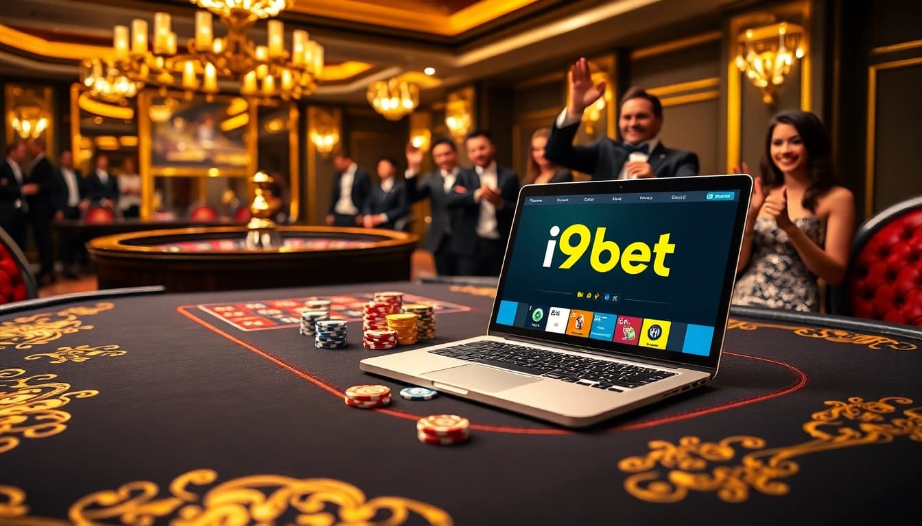 A vibrant scene of a high-stakes poker game at i9bet showcasing chips and cards amidst excitement.