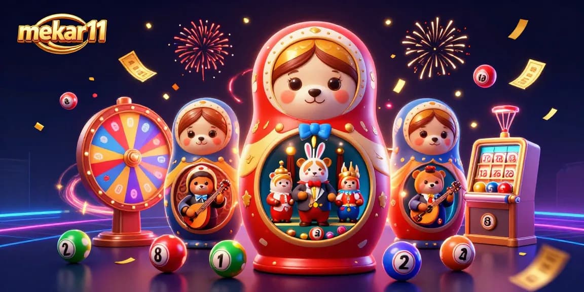 Engage with mekar11 through vibrant casino-themed 3D illustration featuring lively characters and dynamic lottery elements.