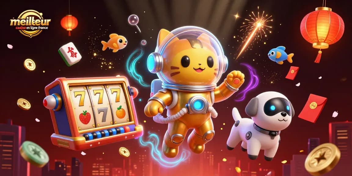 Jouez à des jeux au meilleur casino en ligne France avec une illustration de chat astronaute et des éléments de jeu