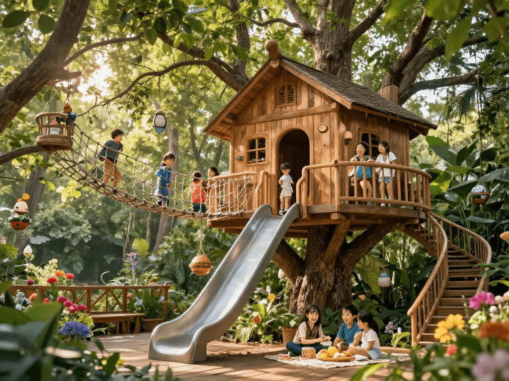 Experience the joy of tree house life with a family enjoying adventures in a vibrant woodland treehouse.