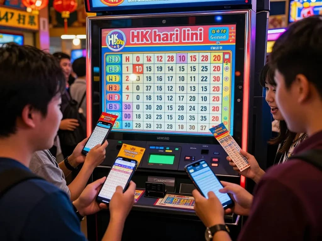 Excited players watching the HK Hari Ini lottery results during a vibrant live draw event in Hongkong.