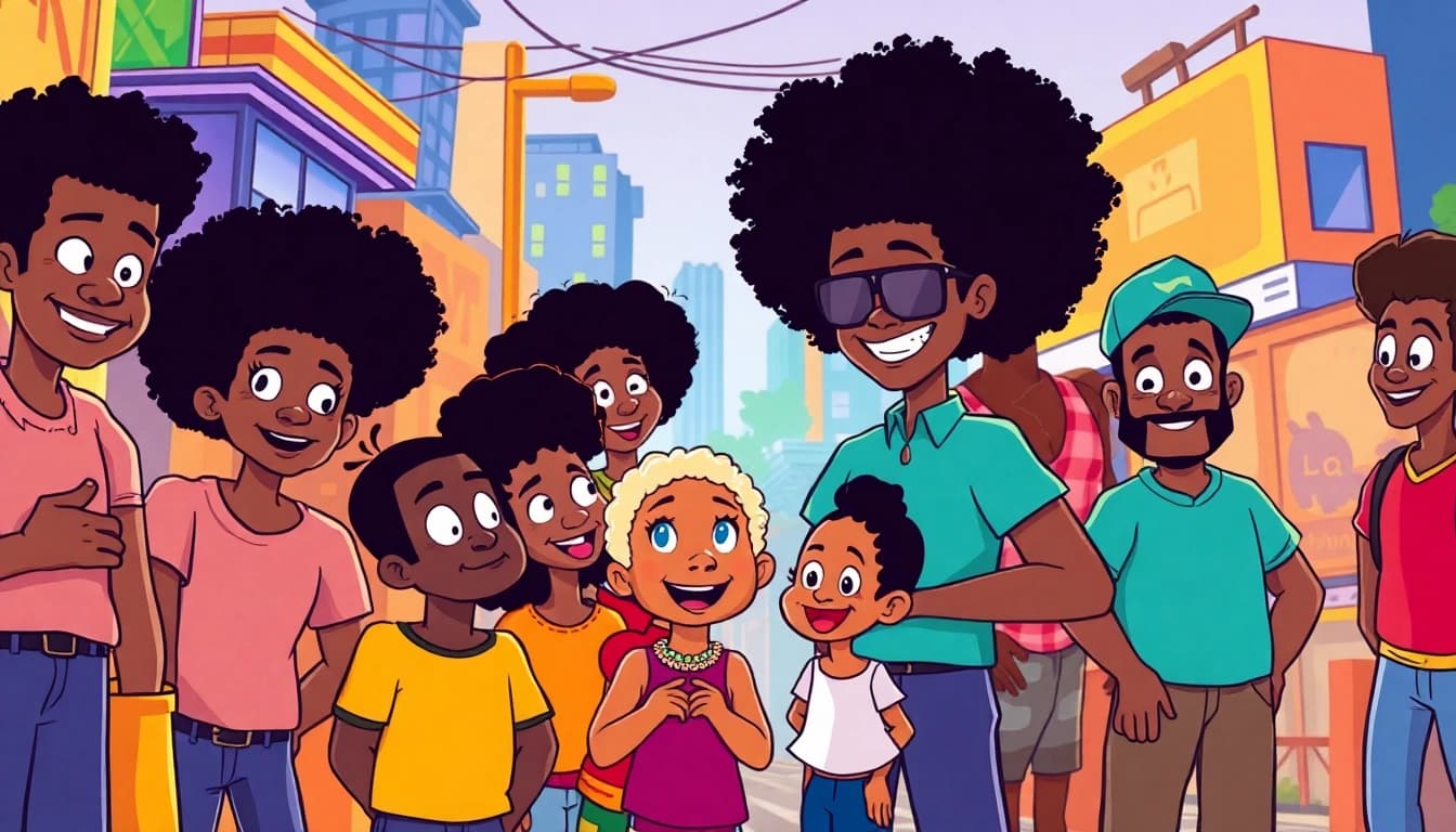 A vibrant illustration showcasing African American Cartoons characters in a lively urban scene, celebrating cultural diversity.