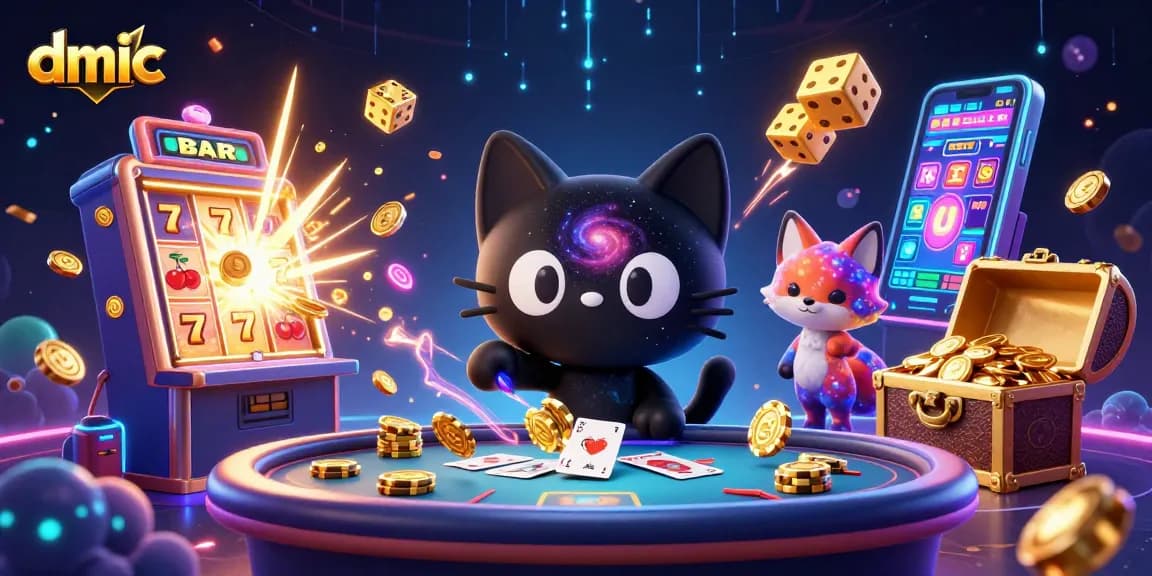 dmic engages players with a cosmic casino scene featuring a black hole cat attracting golden chips and cards.