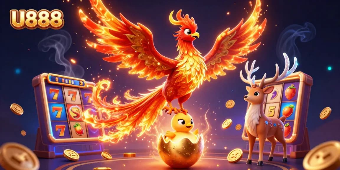 Experience thrilling wins with U888 in a vibrant casino scene featuring games and a baby phoenix.