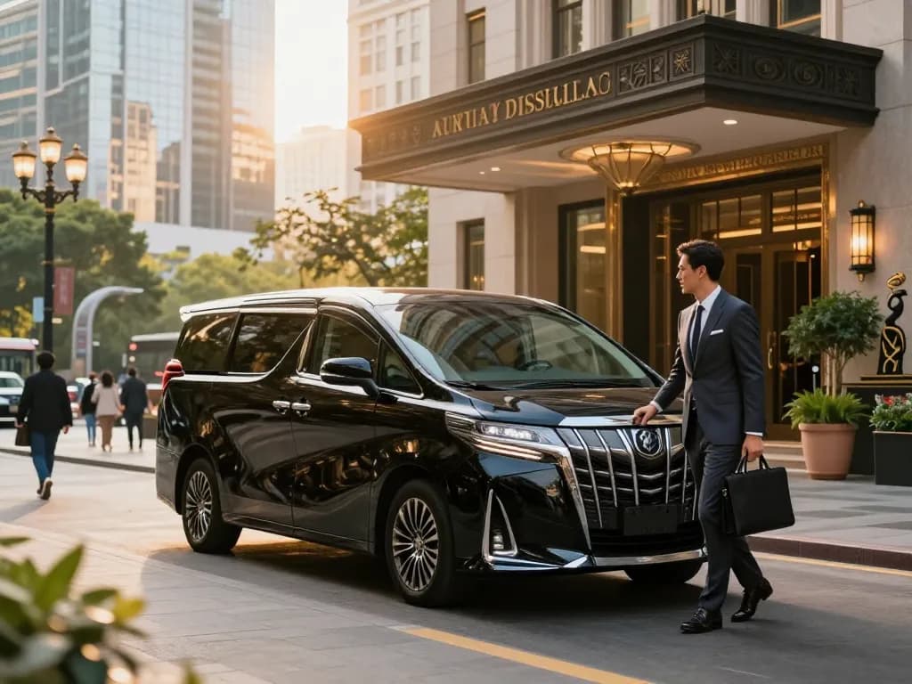 cho thuê xe Toyota Alphard với doanh nhân bước ra trước một khách sạn sang trọng