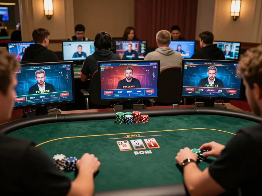 F168 players engaging in thrilling online poker tournament with colorful screen displays and strategic gameplay