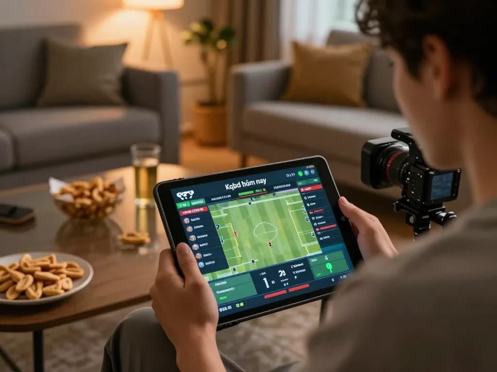 Kqbd hôm nay displayed on tablet during online sports betting in a cozy home ambiance.
