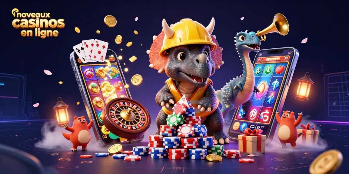 Aperçu des nouveaux casinos en ligne avec un tricératops et un parasaurolophus célébrant en jouant.