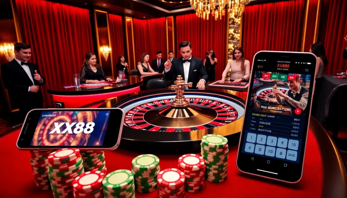 Experience the thrill of XX88 casino with vibrant roulette, poker chips, and online gaming interface.