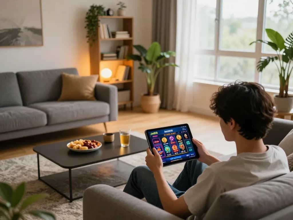 Player enjoying online games with jae888 app in a cozy living room setting, highlighting strategic gaming