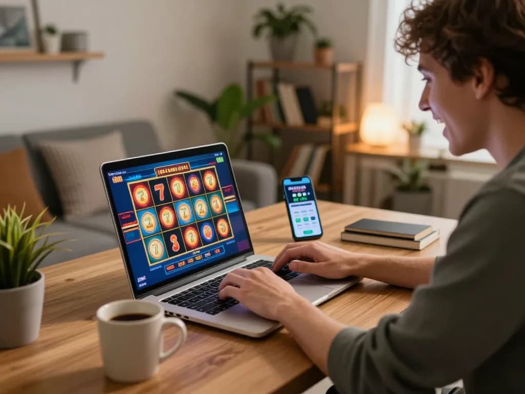 Player enjoying the thrill of online slots while tracking results at 7m platform, cozy gaming atmosphere.