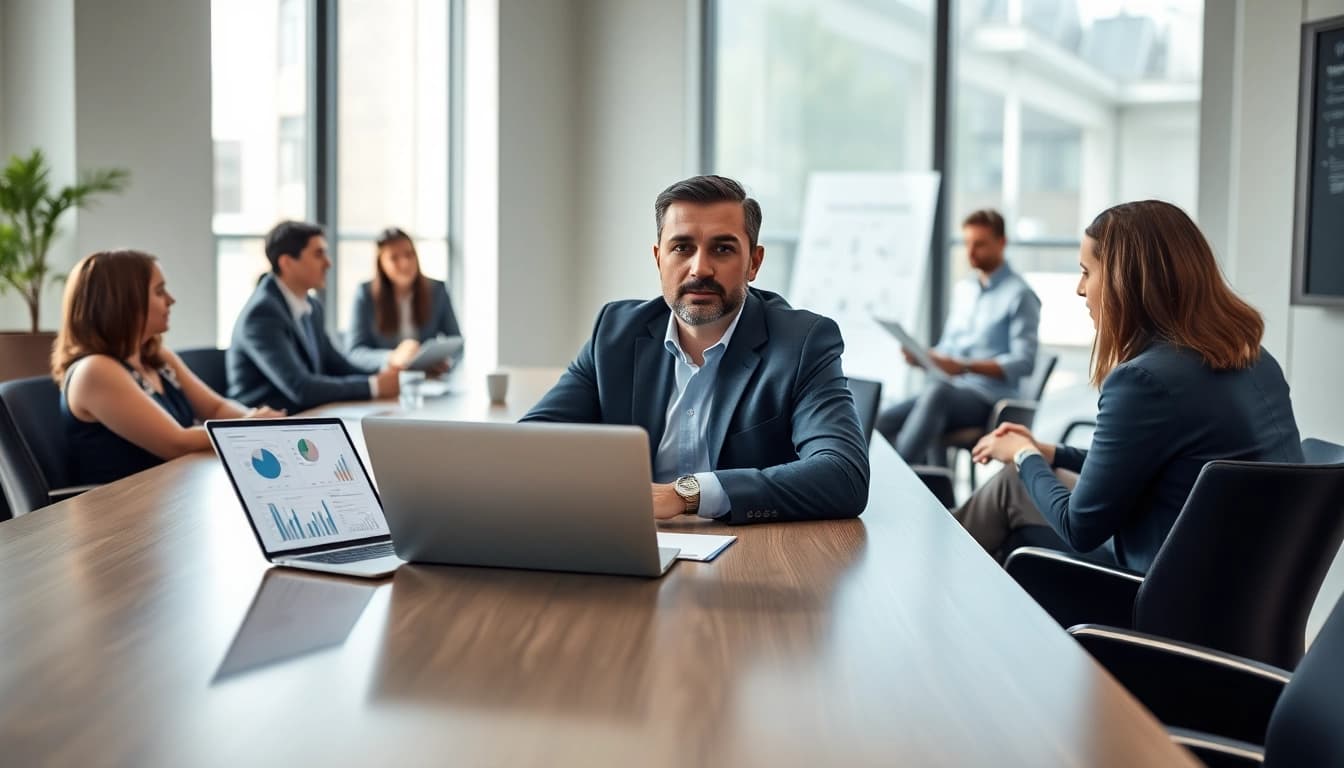 Crisis management consultant leading a strategic session with a diverse team and modern technology.