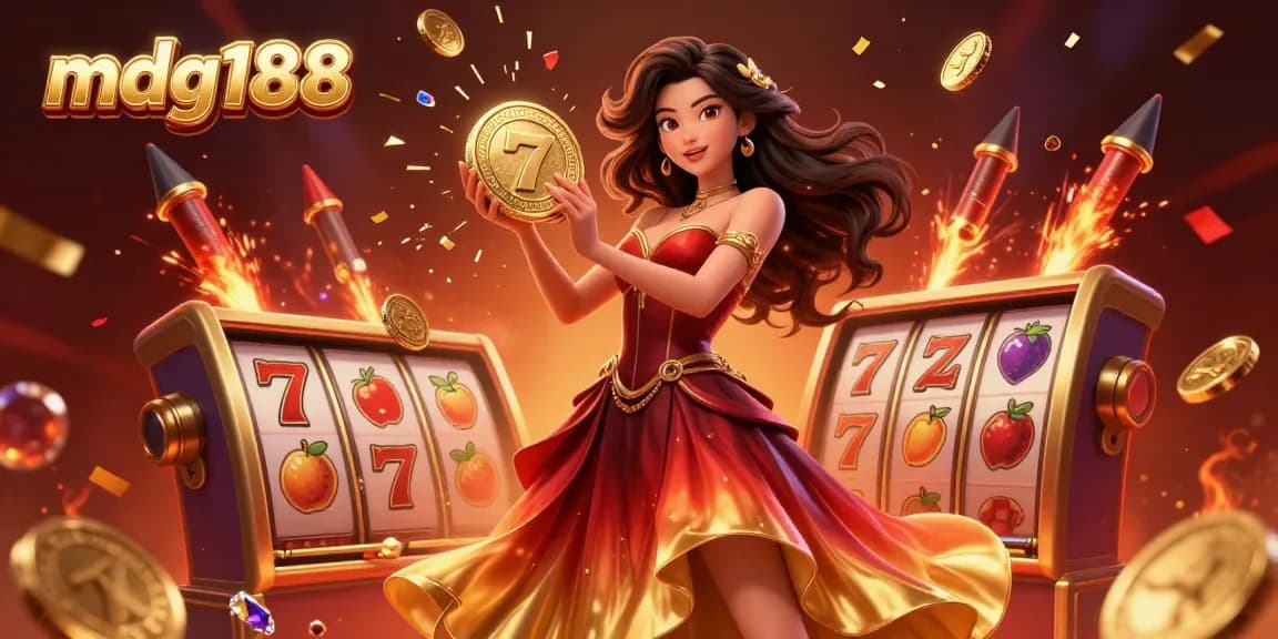 Experience the excitement of mdg188, a top online casino, in this vibrant 3D illustration showcasing a glamorous woman and slot reels.