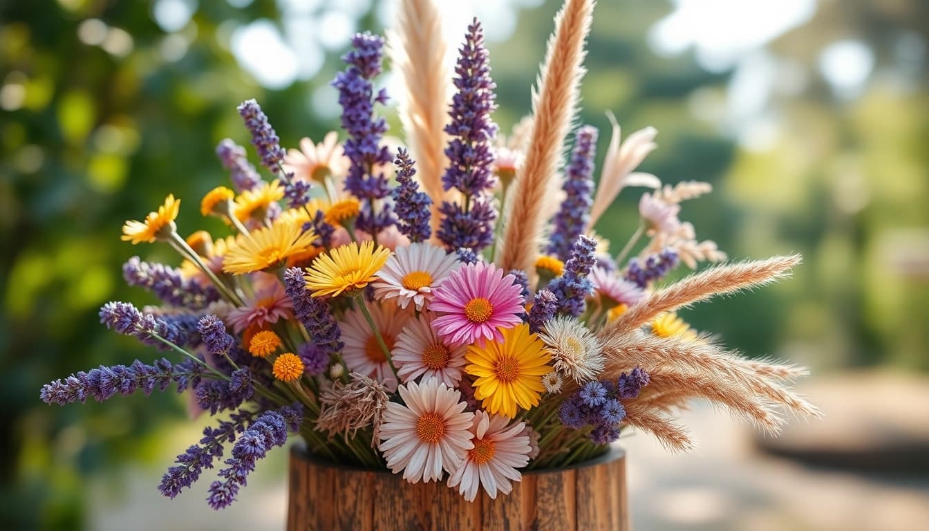Arranging dried flowers in a rustic vase, showcasing vibrant colors and textures.