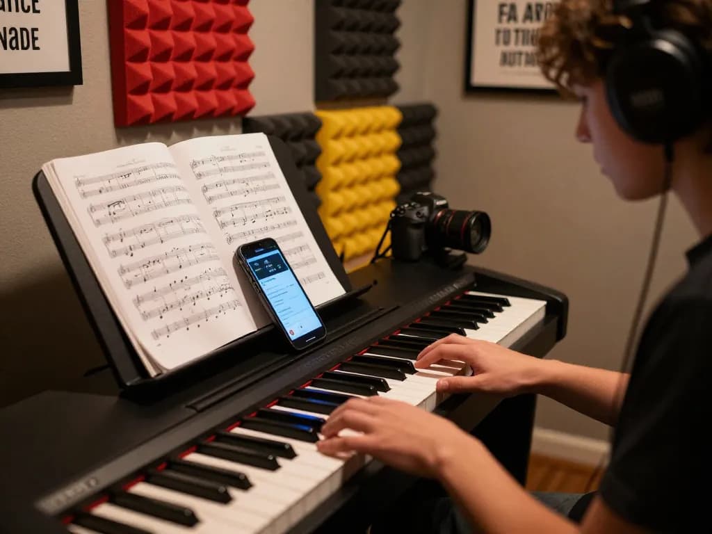 Person playing the go 88 digital piano surrounded by music sheets and a smartphone.