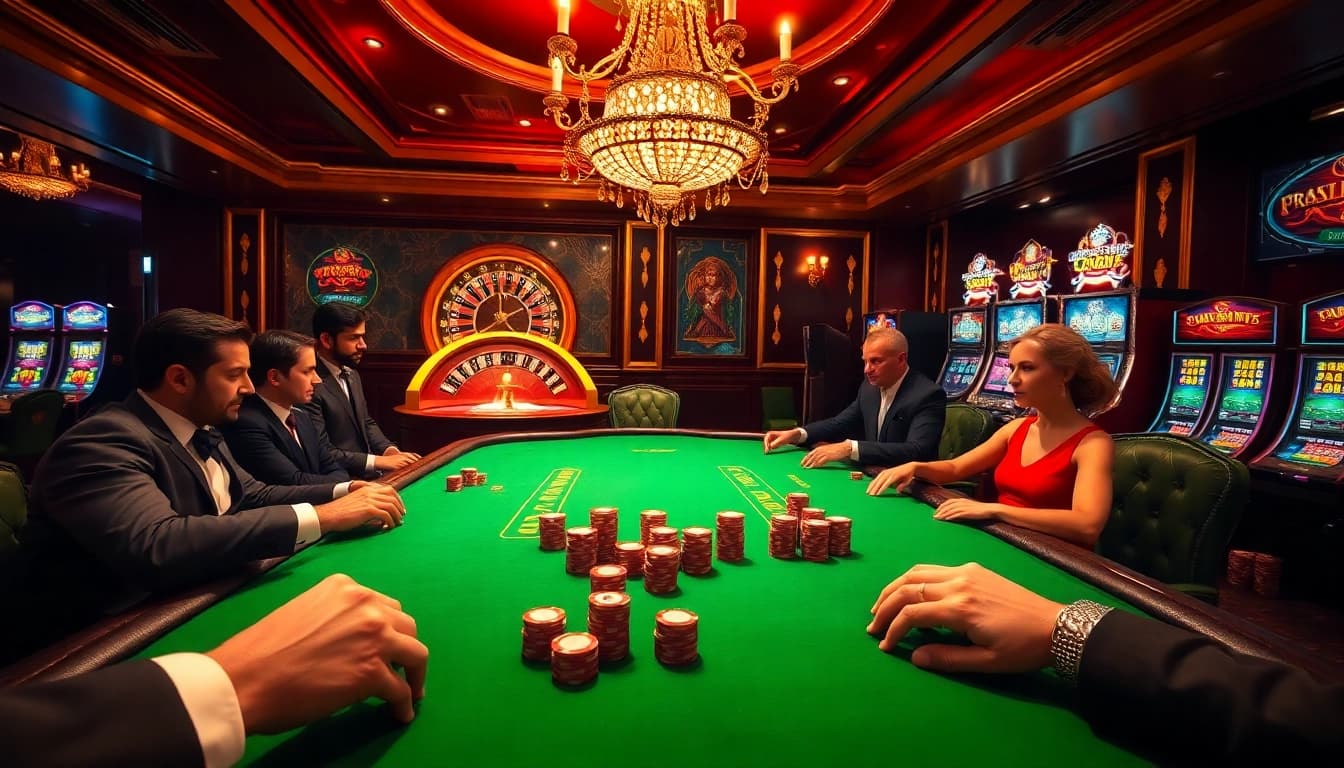 Participez à une action de poker passionnante au meilleur casino en ligne avec des joueurs élégants et des jetons vibrants.