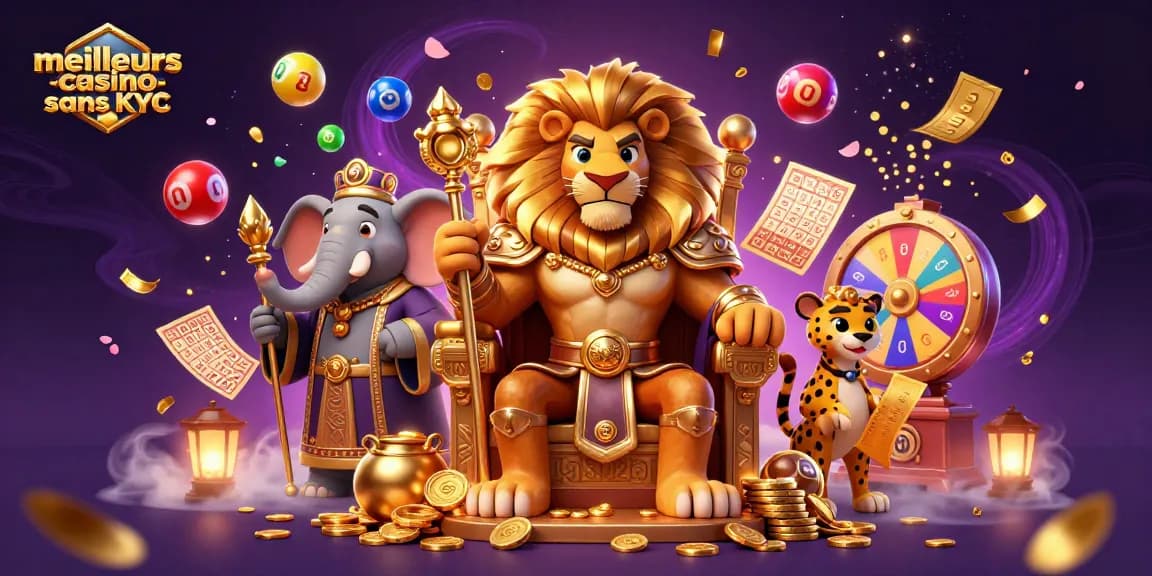 Illustration dynamique des meilleurs casinos sans KYC avec un lion roi, un éléphant conseiller et un guépard messager.