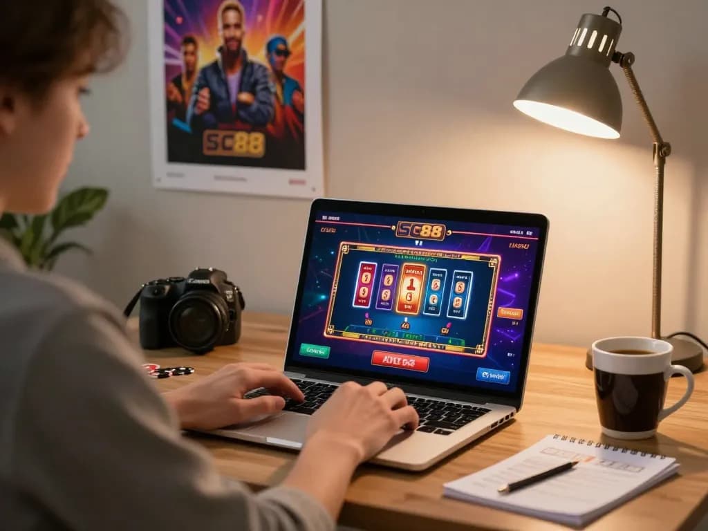 Engaging player enjoying SC88 casino games on a laptop at home, cozy gaming atmosphere.