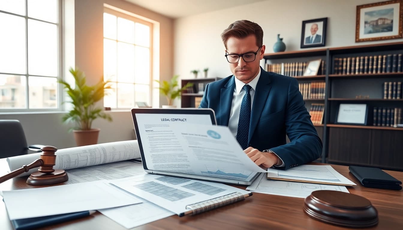 Real estate lawyer consulting in a professional office, showcasing expertise and legal documents.