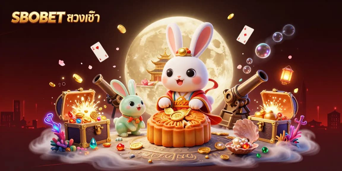 SBOBET ทางเข้า with a dynamic illustration featuring moon rabbit pounding mooncakes revealing poker chips surrounded by glowing casino elements.