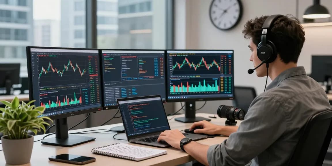 Trader using mt5 in a modern workspace with multiple monitors and market charts.