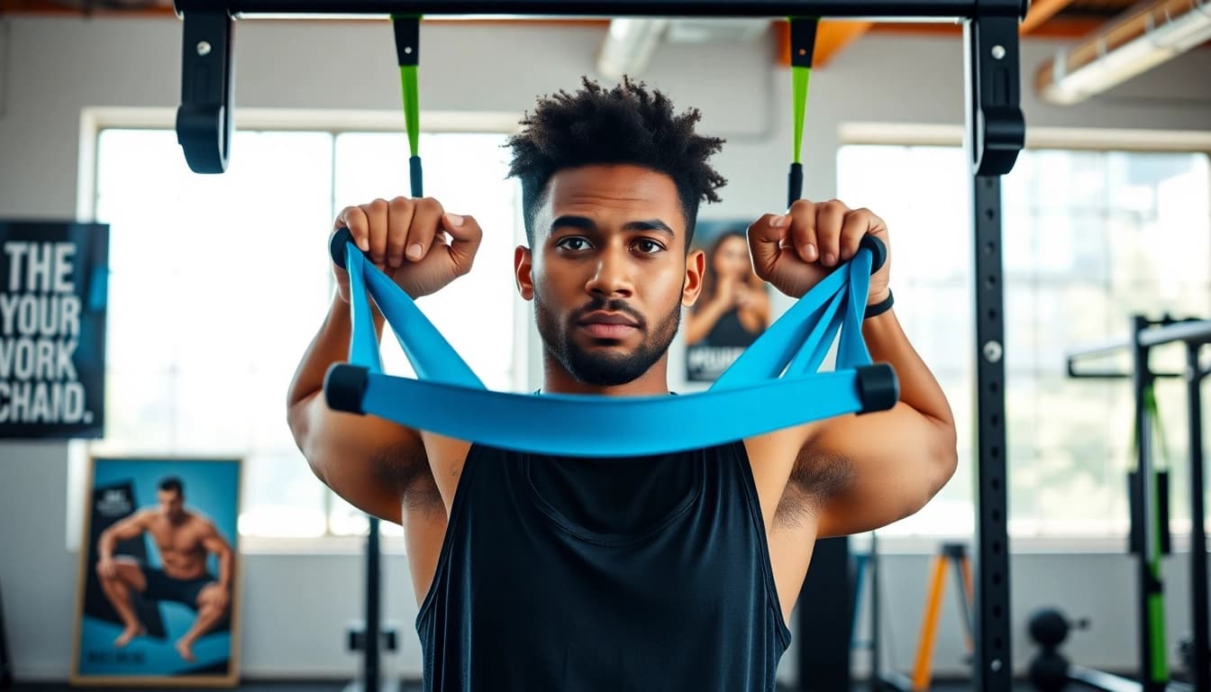 Fitness enthusiast demonstrating pull-up resistance bands workout in a bright gym.