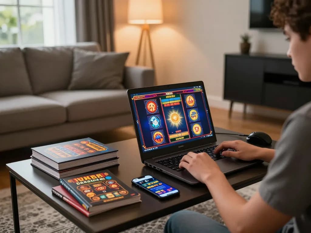 Engaged player exploring slot gacor hari ini on a laptop in a cozy modern home environment.