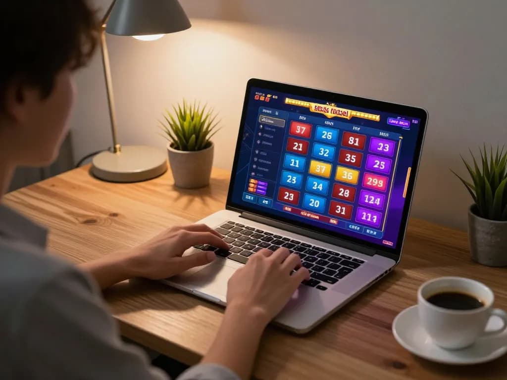 sesi permainan situs togel online dengan laptop di meja yang nyaman, menampilkan antarmuka permainan yang cerah