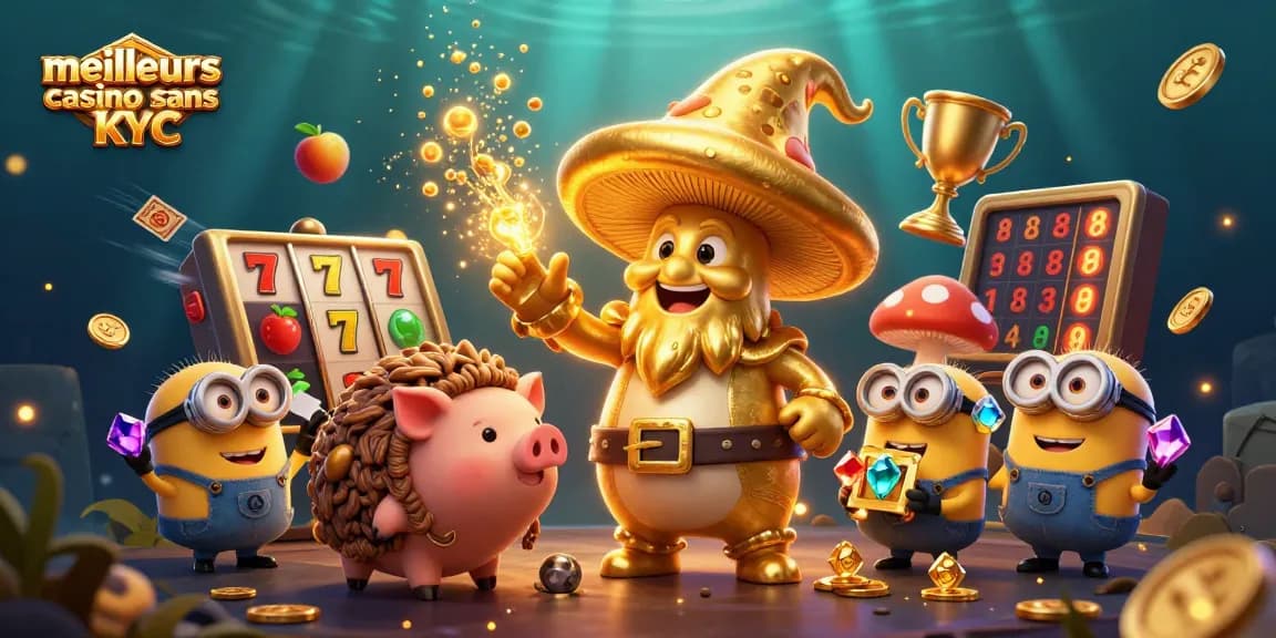 Plongez dans l'univers des meilleurs casino sans KYC avec des personnages colorés et des éléments de jeu captivants.