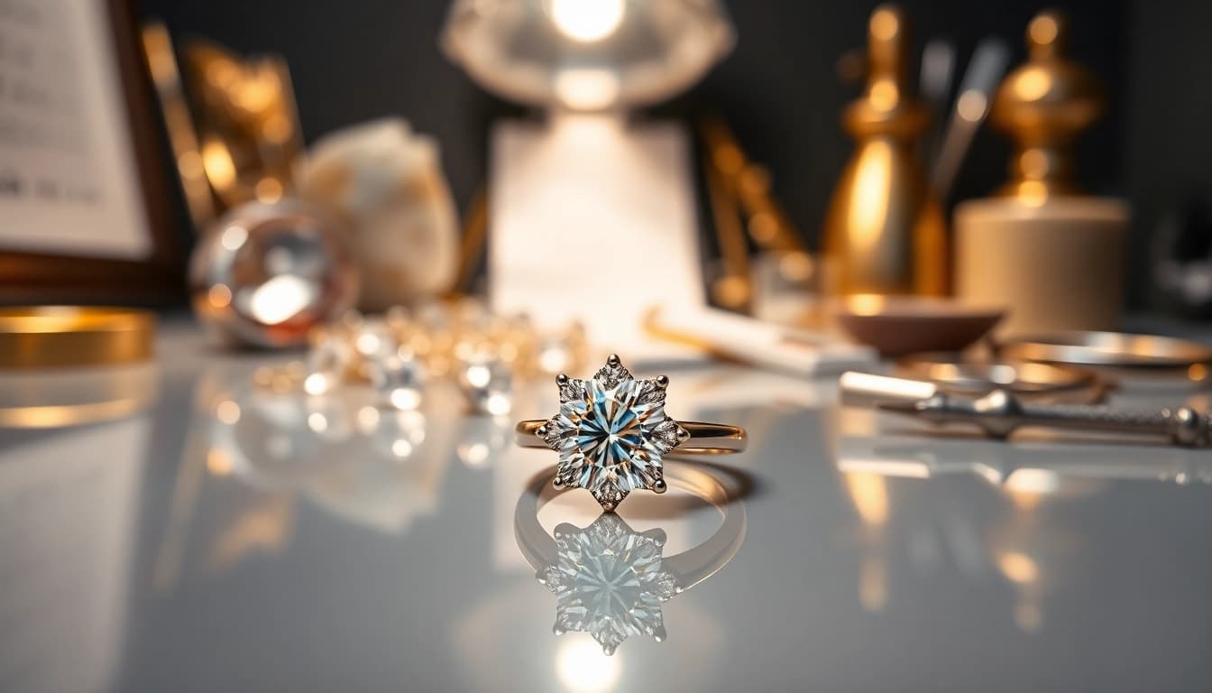 Fotografo di Gioielli che illumina un anello di diamanti su uno sfondo elegante.