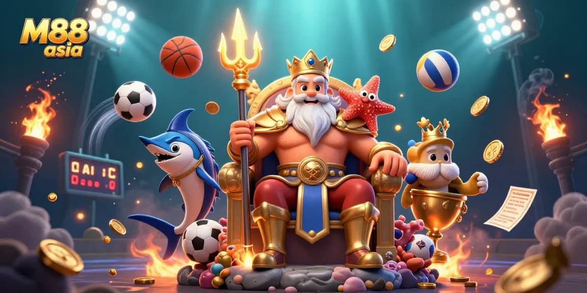 Experience thrilling gameplay with M88 asia's sports betting and casino action in a vibrant 3D illustration.